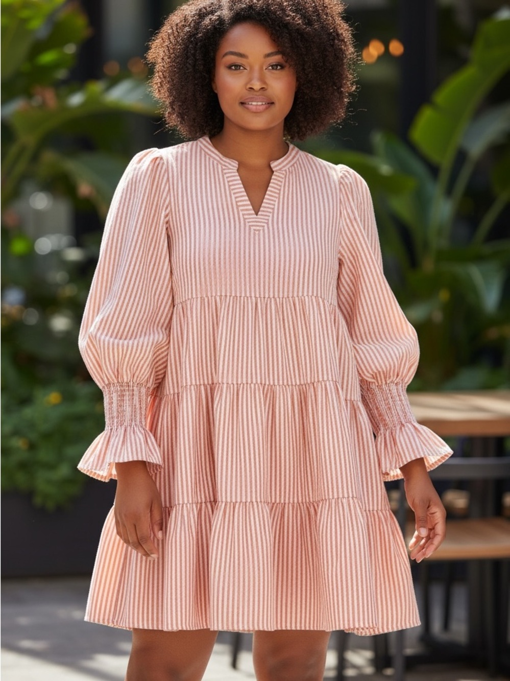 Babydoll Smocked Sleeve Tiered Mini Dress in Soft Pink Stripe